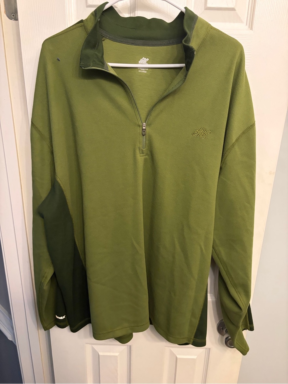 Eastern Mountain Sports Men's Olive Green Half-Zip Moisture Wicking Pullover.